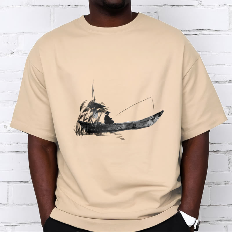 Buddha Stones Boat Fishing Grass Pattern Cotton Tee T-shirt - image 9