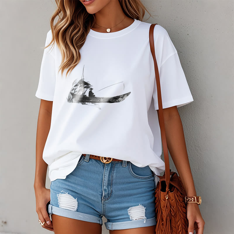 Buddha Stones Boat Fishing Grass Pattern Cotton Tee T-shirt - image 6