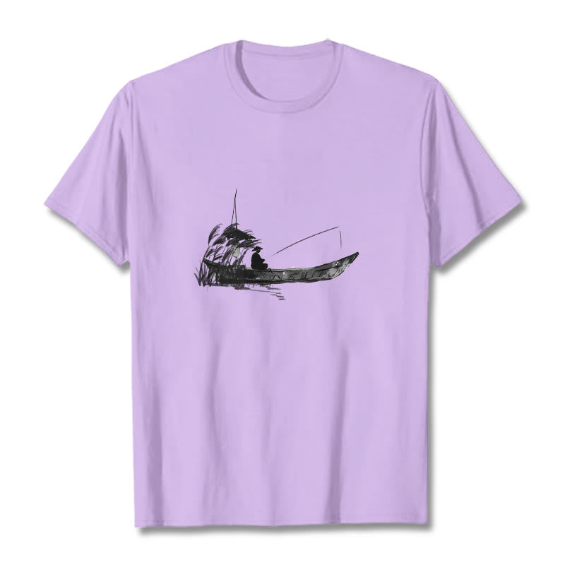 Buddha Stones Boat Fishing Grass Pattern Cotton Tee T-shirt