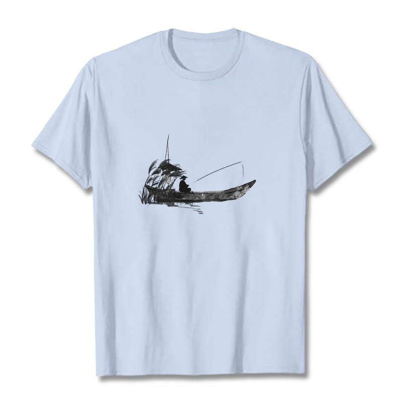 Buddha Stones Boat Fishing Grass Pattern Cotton Tee T-shirt - LightCyan - 2XL - image 16