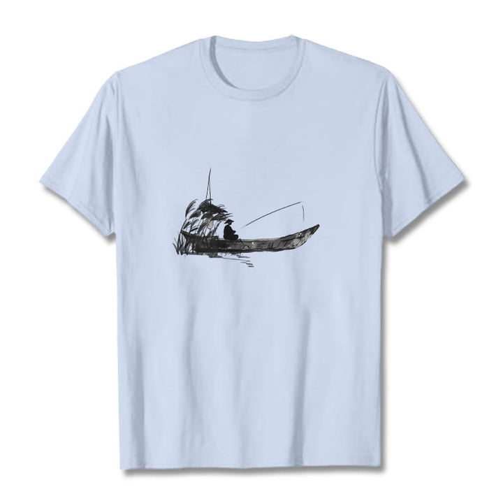 Buddha Stones Boat Fishing Grass Pattern Cotton Tee T-shirt - LightCyan - 2XL - image 15