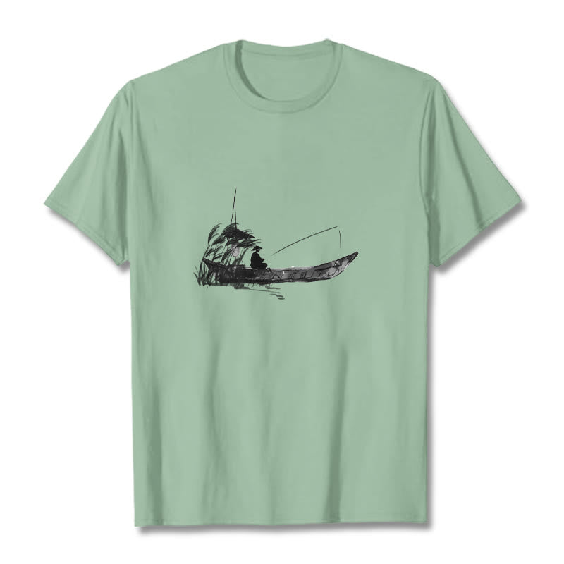Buddha Stones Boat Fishing Grass Pattern Cotton Tee T-shirt - PaleGreen - 2XL - image 17