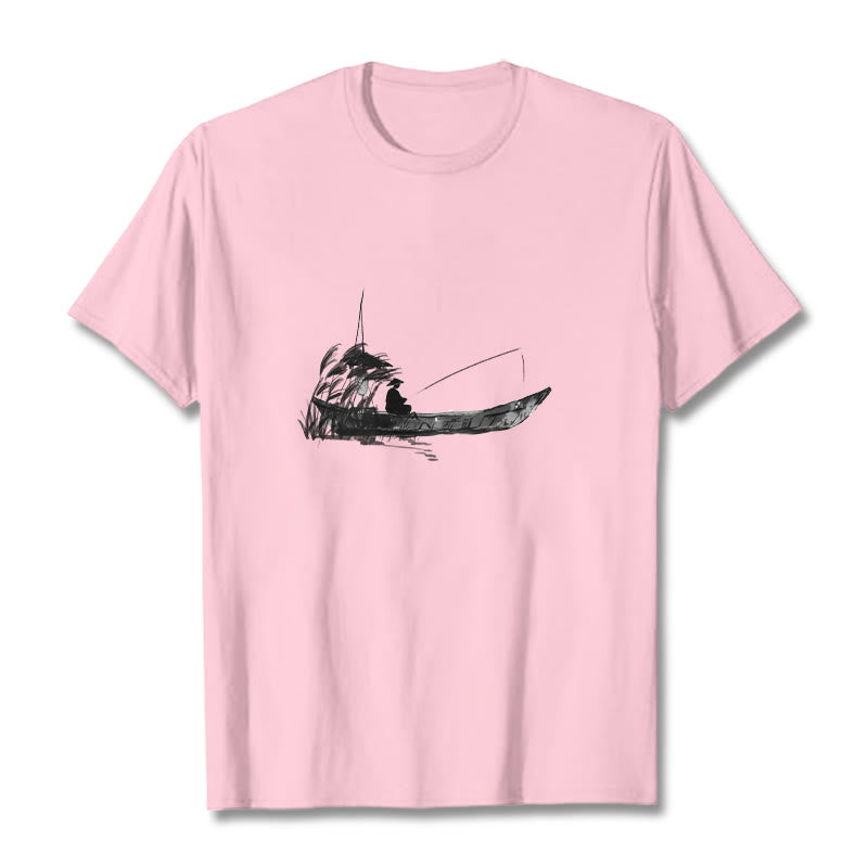 Buddha Stones Boat Fishing Grass Pattern Cotton Tee T-shirt - LightPink - 2XL - image 19