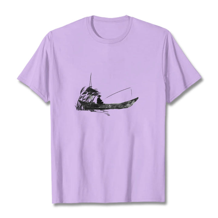 Buddha Stones Boat Fishing Grass Pattern Cotton Tee T-shirt - Plum - 2XL - image 10