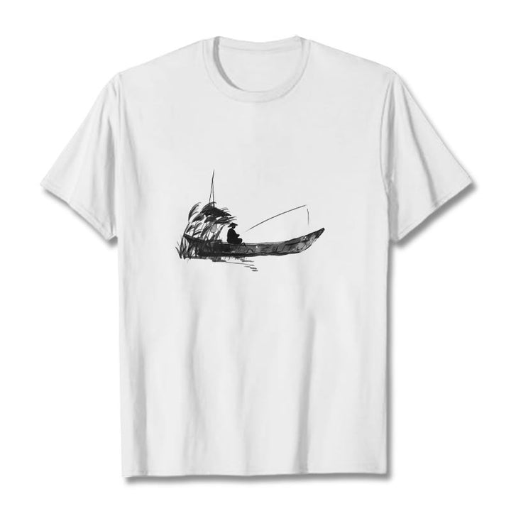 Buddha Stones Boat Fishing Grass Pattern Cotton Tee T-shirt - White - 2XL - image 5