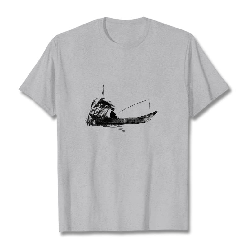 Buddha Stones Boat Fishing Grass Pattern Cotton Tee T-shirt - LightGrey - 2XL - image 1