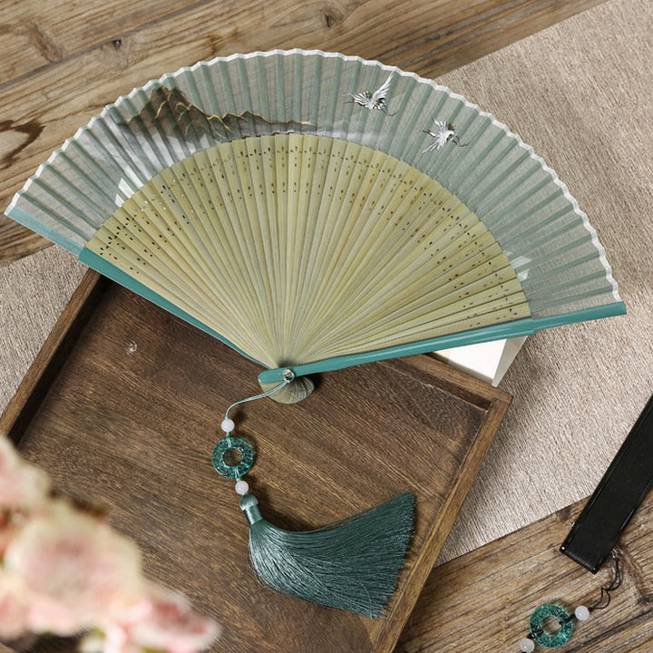 Buddha Stones Retro Mountain River Crane Silk Handheld Bamboo Folding Fan