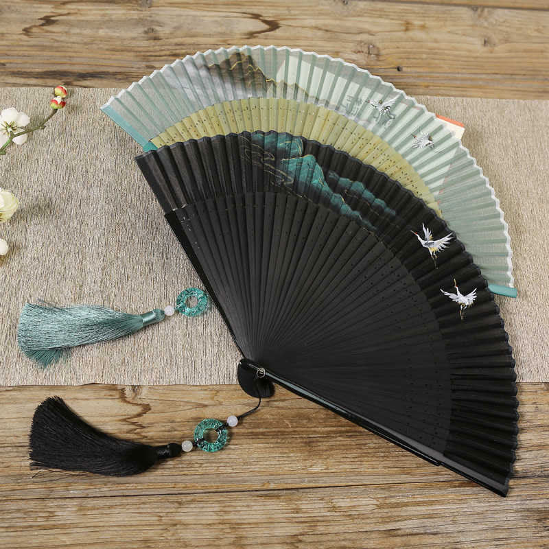 Buddha Stones Retro Mountain River Crane Silk Handheld Bamboo Folding Fan