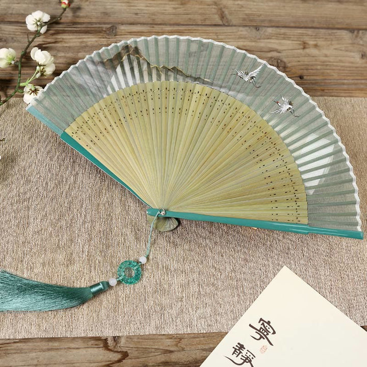 Buddha Stones Retro Mountain River Crane Silk Handheld Bamboo Folding Fan