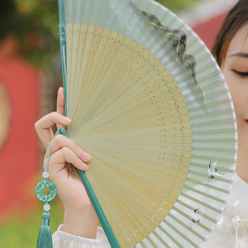 Buddha Stones Retro Mountain River Crane Silk Handheld Bamboo Folding Fan