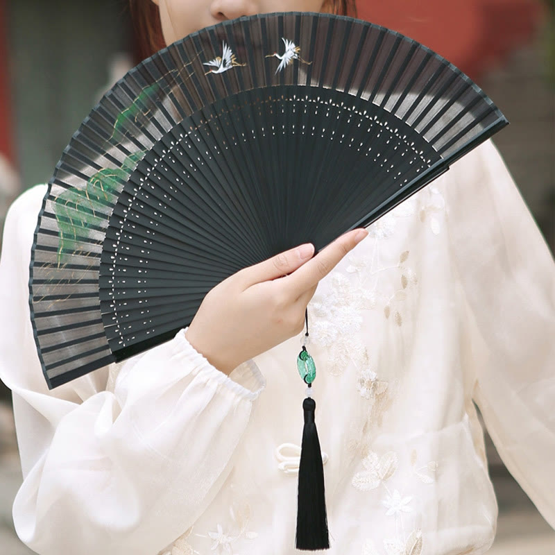 Buddha Stones Retro Mountain River Crane Silk Handheld Bamboo Folding Fan