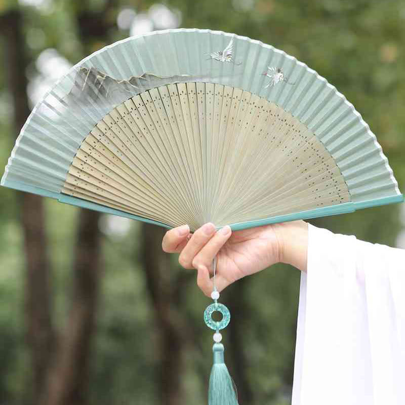 Buddha Stones Retro Mountain River Crane Silk Handheld Bamboo Folding Fan