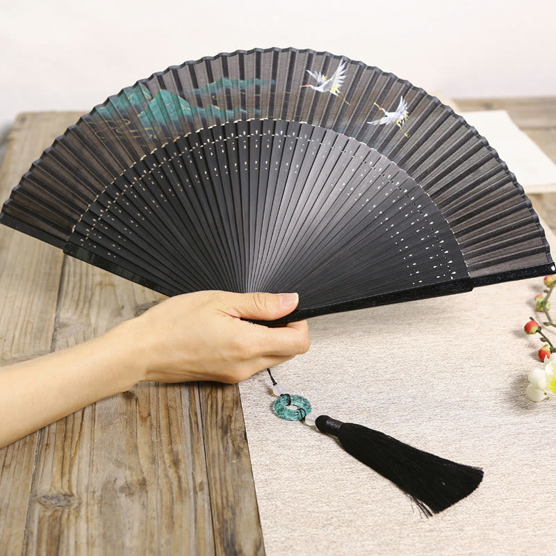 Buddha Stones Retro Mountain River Crane Silk Handheld Bamboo Folding Fan