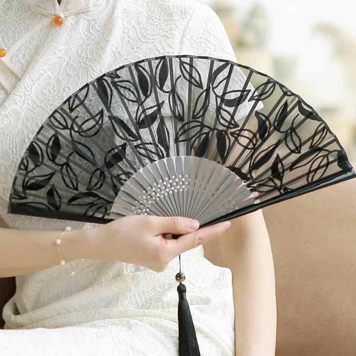 Buddha Stones Retro Leaves Flower Silk Handheld Bamboo Folding Fan