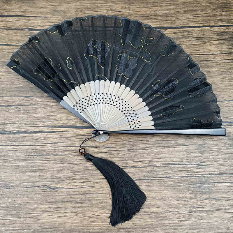 Buddha Stones Retro Leaves Flower Silk Handheld Bamboo Folding Fan