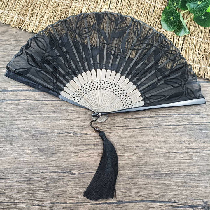 Buddha Stones Retro Leaves Flower Silk Handheld Bamboo Folding Fan