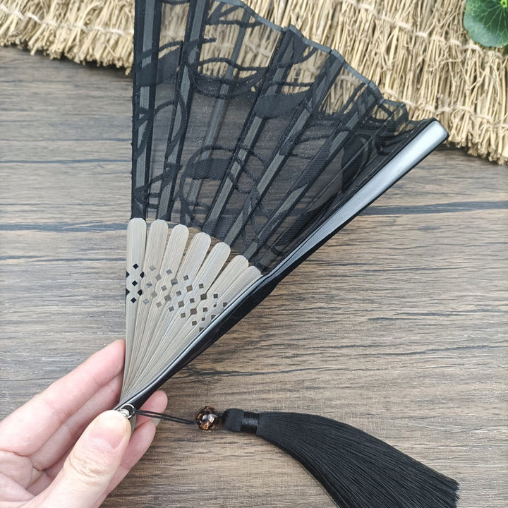 Buddha Stones Retro Leaves Flower Silk Handheld Bamboo Folding Fan