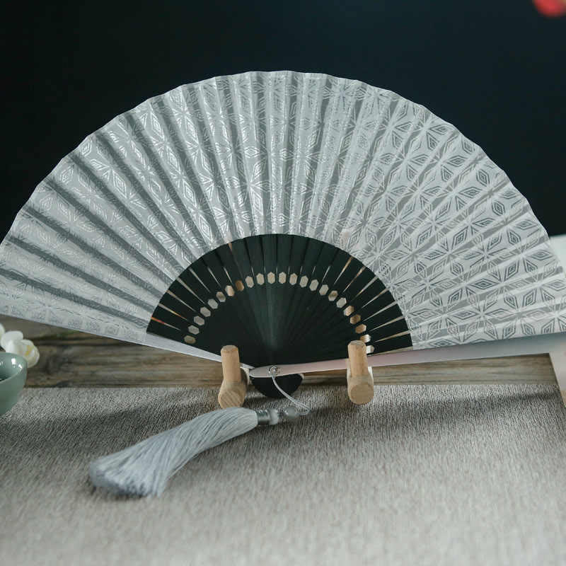 Buddha Stones Geometric Patterns Aluminum Alloy Side Tassels Silk Handheld Bamboo Folding Fan