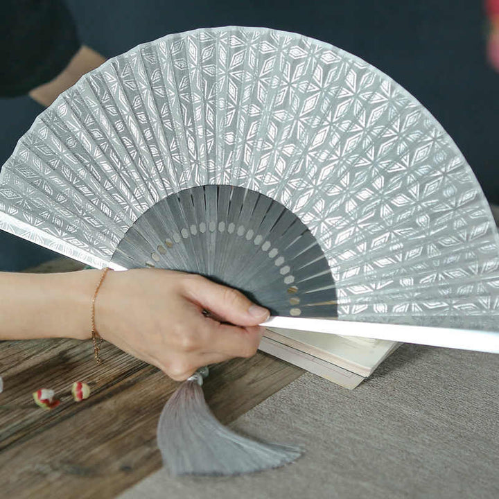 Buddha Stones Geometric Patterns Aluminum Alloy Side Tassels Silk Handheld Bamboo Folding Fan