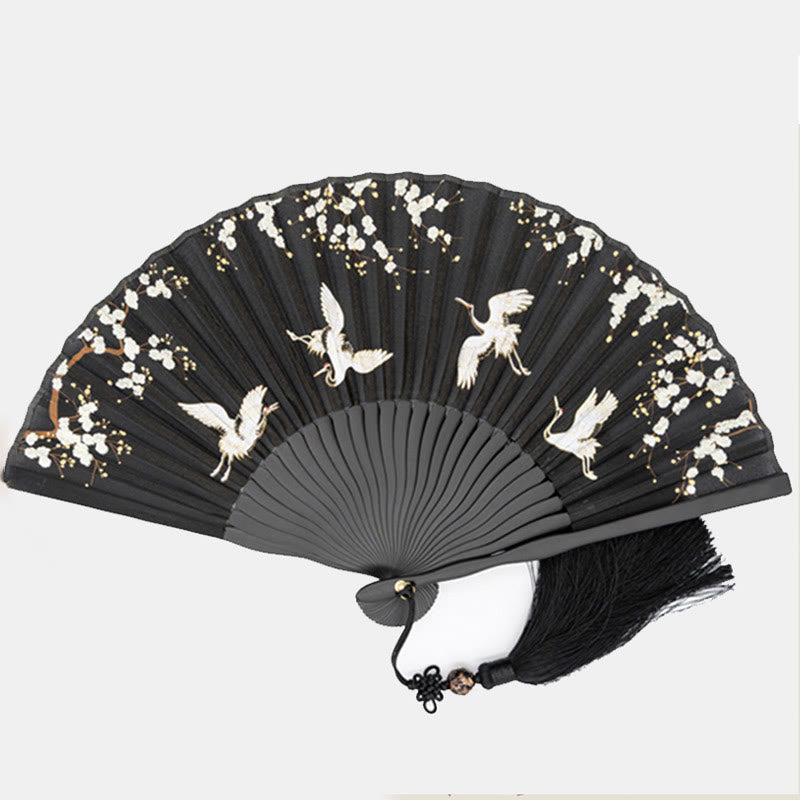 Buddha Stones Plum Blossom Crane Silk Handheld Bamboo Folding Fan