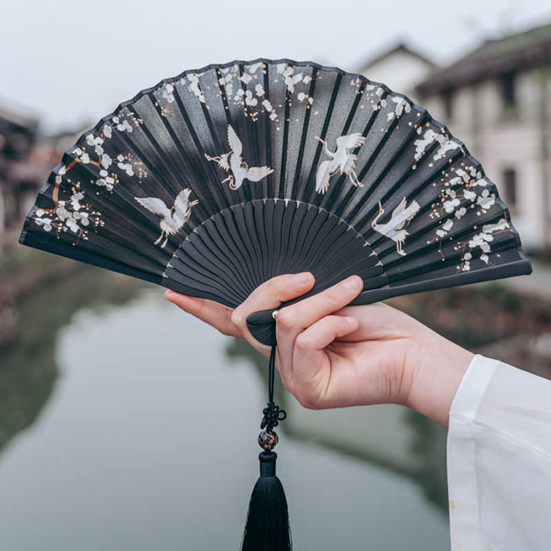 Buddha Stones Plum Blossom Crane Silk Handheld Bamboo Folding Fan