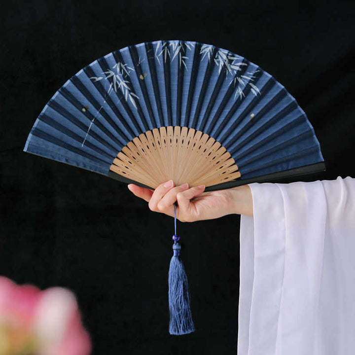 Buddha Stones Firefly Bamboo Leaves Pattern Tassels Handheld Bamboo Folding Fan