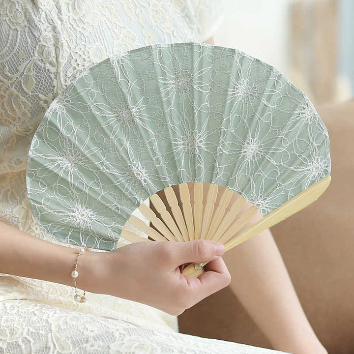 Buddha Stones Retro Large Flower Embroidery Shell Shape Tassels Handheld Bamboo Folding Fan