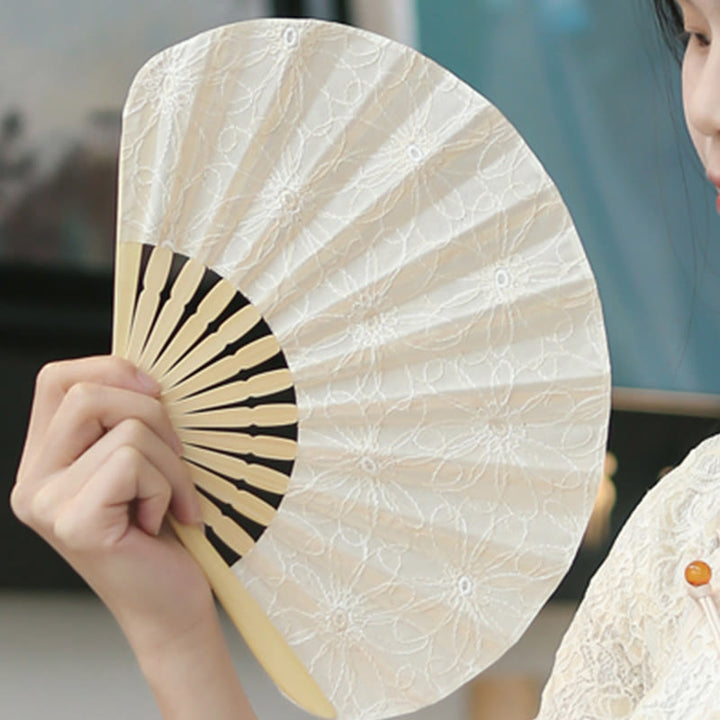 Buddha Stones Retro Large Flower Embroidery Shell Shape Tassels Handheld Bamboo Folding Fan