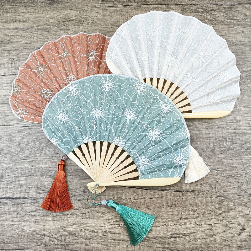 Buddha Stones Retro Large Flower Embroidery Shell Shape Tassels Handheld Bamboo Folding Fan