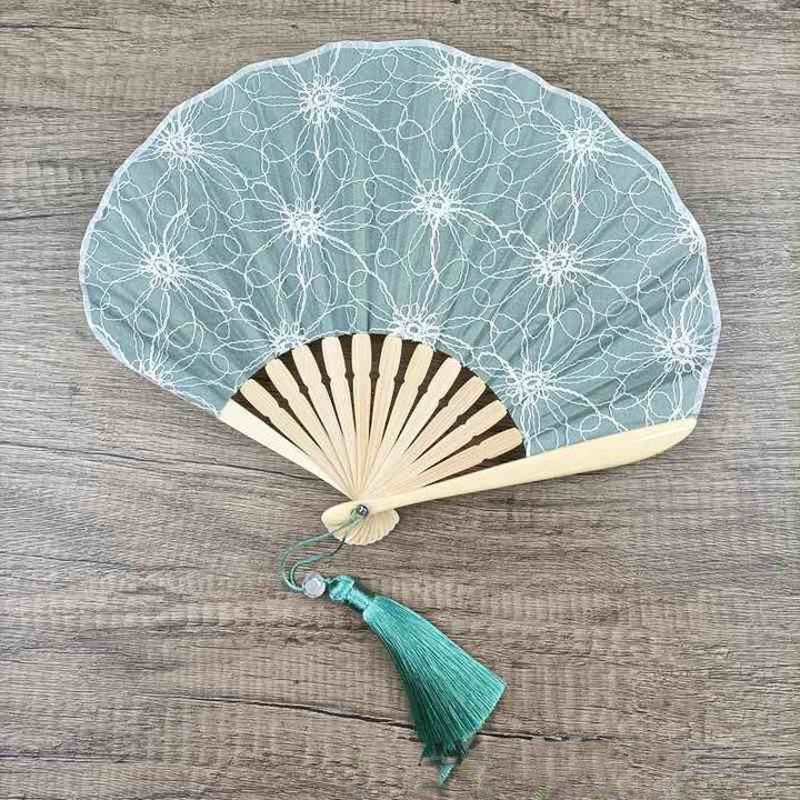 Buddha Stones Retro Large Flower Embroidery Shell Shape Tassels Handheld Bamboo Folding Fan - image 2