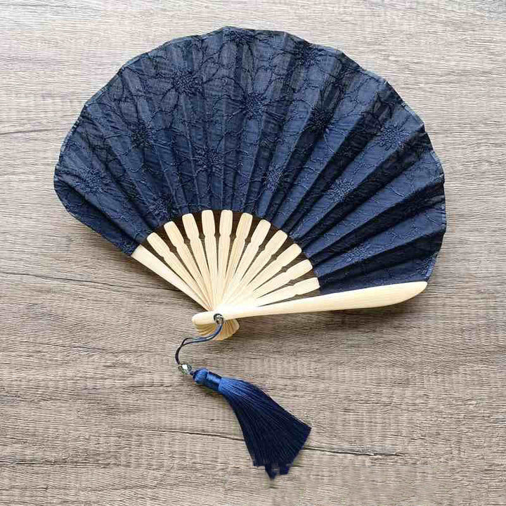 Buddha Stones Retro Large Flower Embroidery Shell Shape Tassels Handheld Bamboo Folding Fan