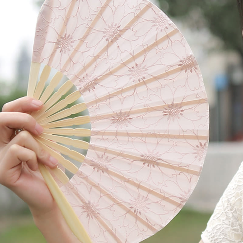 Buddha Stones Retro Large Flower Embroidery Shell Shape Tassels Handheld Bamboo Folding Fan