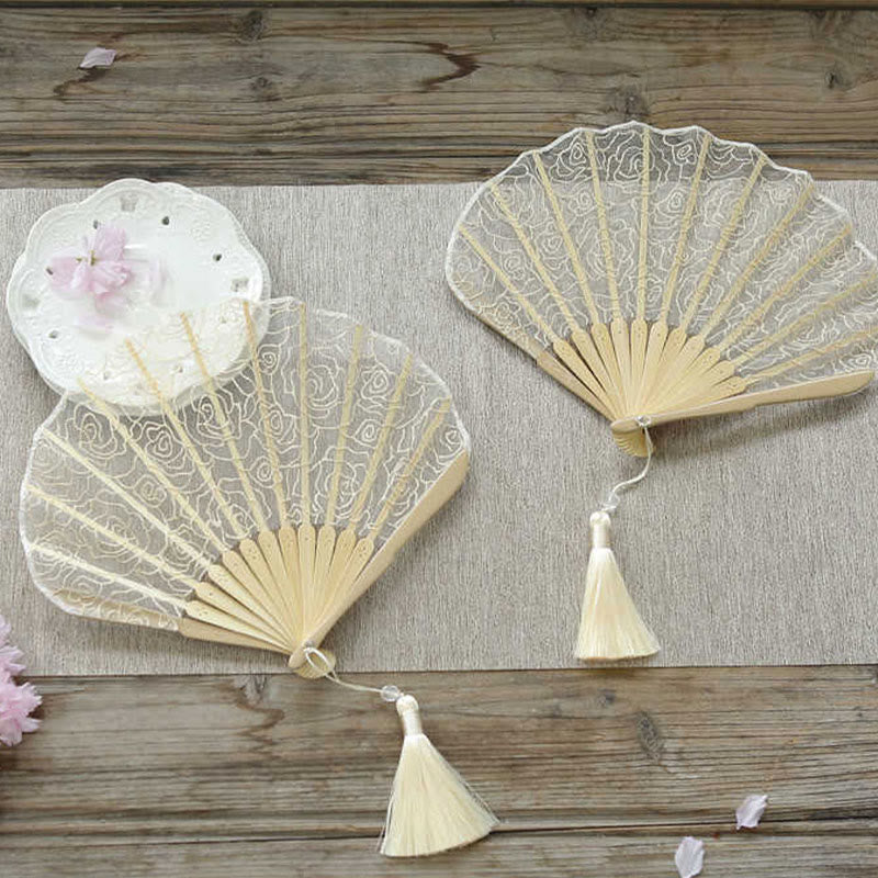 Buddha Stones Rose Embroidery Lace Shell Shape Tassels Handheld Bamboo Folding Fan