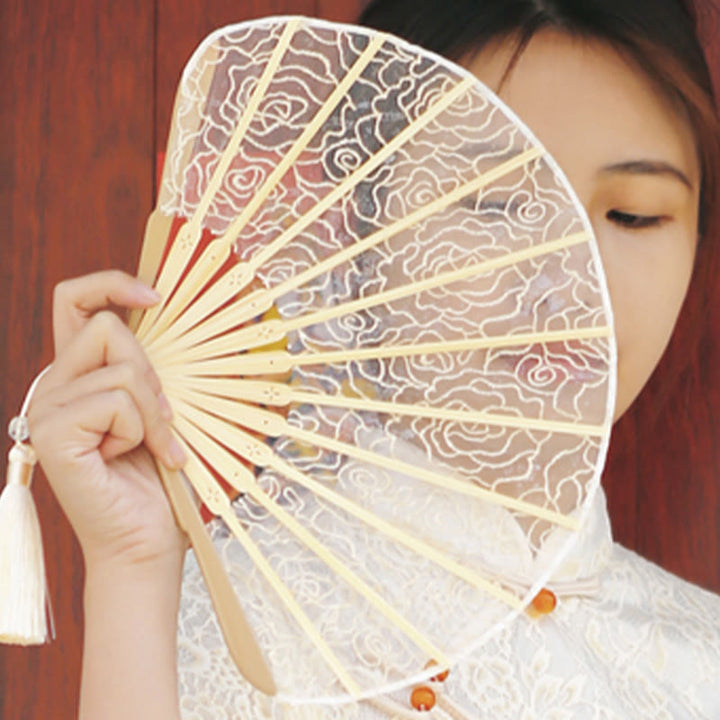 Buddha Stones Rose Embroidery Lace Shell Shape Tassels Handheld Bamboo Folding Fan