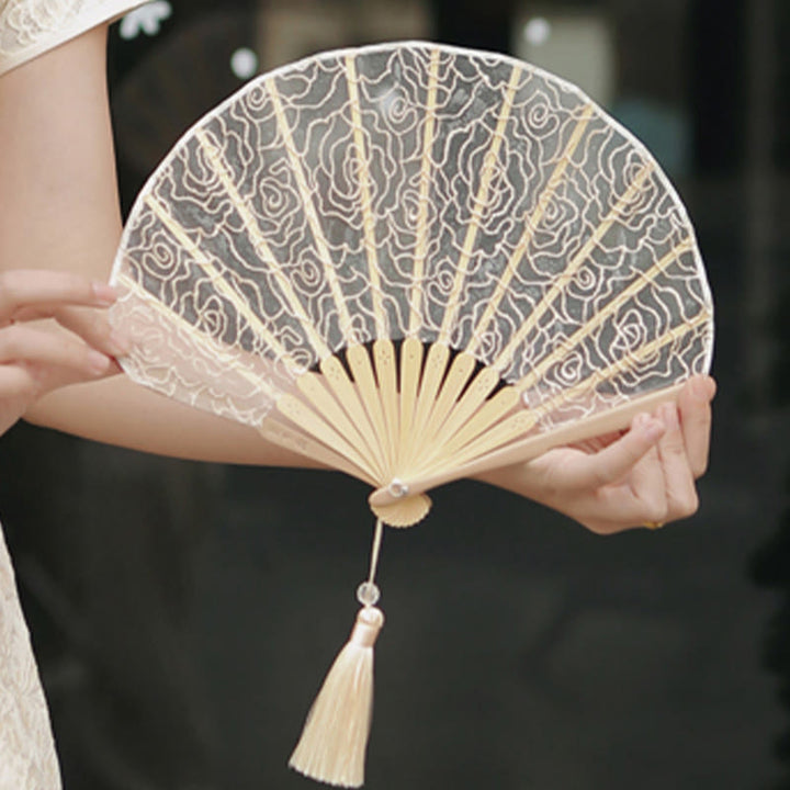 Buddha Stones Rose Embroidery Lace Shell Shape Tassels Handheld Bamboo Folding Fan