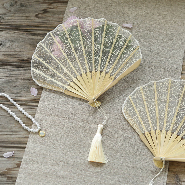 Buddha Stones Rose Embroidery Lace Shell Shape Tassels Handheld Bamboo Folding Fan