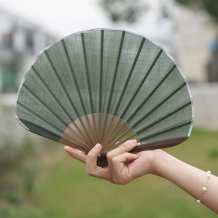 Buddha Stones Retro Solid Color Shell Shape Handheld Bamboo Folding Fan