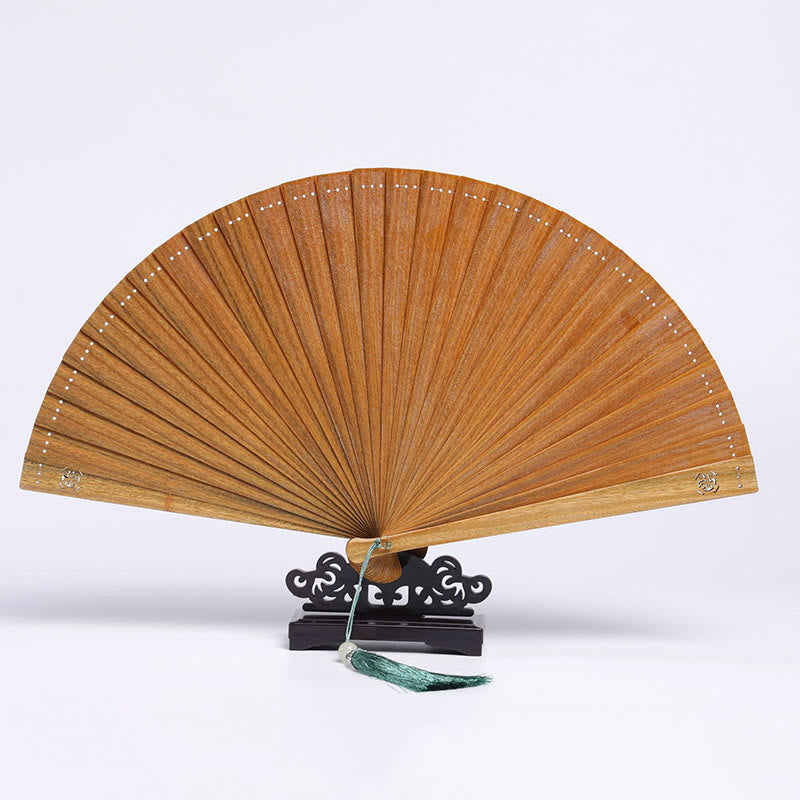Buddha Stones Auspicious Clouds Crane Peacock Chang'e Moon Engraved Pattern Handheld Green Sandalwood Folding Fan - Green Sandalwood Dot Engraving 23cm - image 1