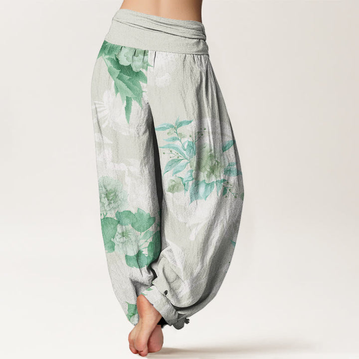 Buddha Stones Flowers White Leaves Women's Elastic Waist Harem Pants