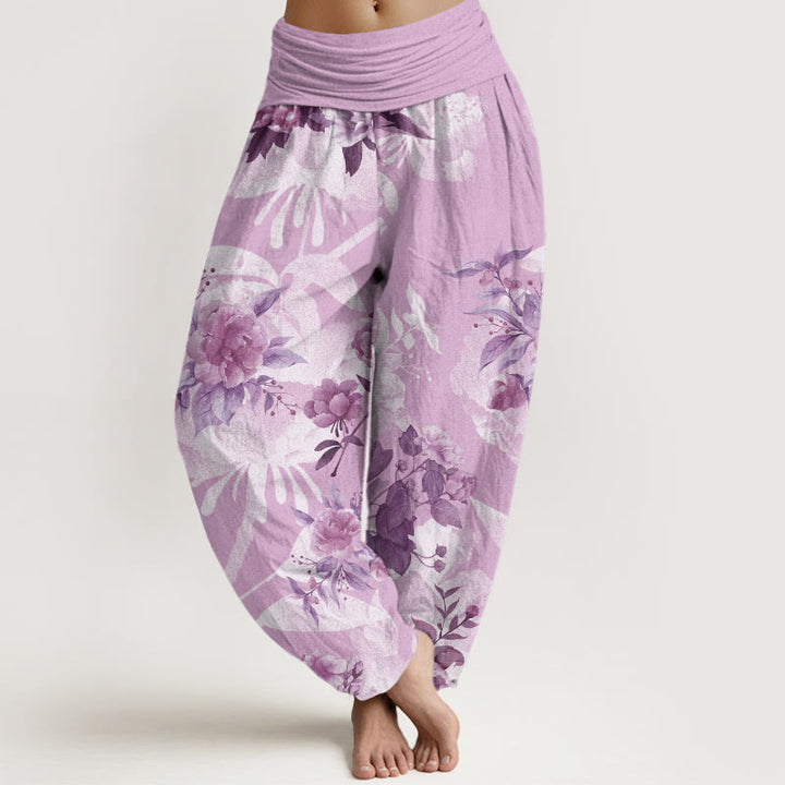 Buddha Stones Flowers White Leaves Women's Elastic Waist Harem Pants