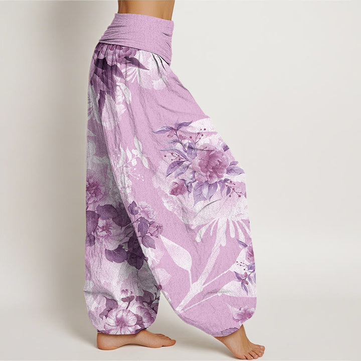 Buddha Stones Flowers White Leaves Women's Elastic Waist Harem Pants