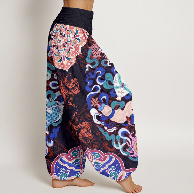 Buddha Stones Flowers Vases Fish Mandala Women's Elastic Waist Harem Pants