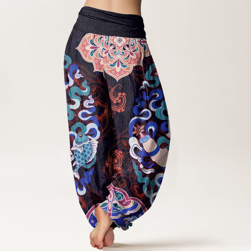 Buddha Stones Flowers Vases Fish Mandala Women's Elastic Waist Harem Pants