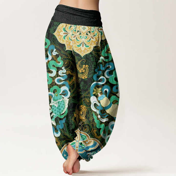 Buddha Stones Flowers Vases Fish Mandala Women's Elastic Waist Harem Pants