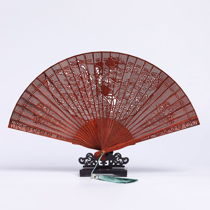 Buddha Stones Crane Peacock Chang'e Moon Engraved Pattern Handheld Small Leaf Red Sandalwood Folding Fan