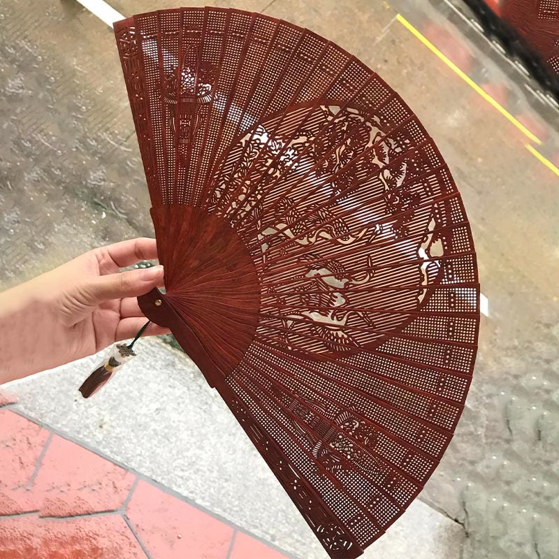 Buddha Stones Crane Peacock Chang'e Moon Engraved Pattern Handheld Small Leaf Red Sandalwood Folding Fan