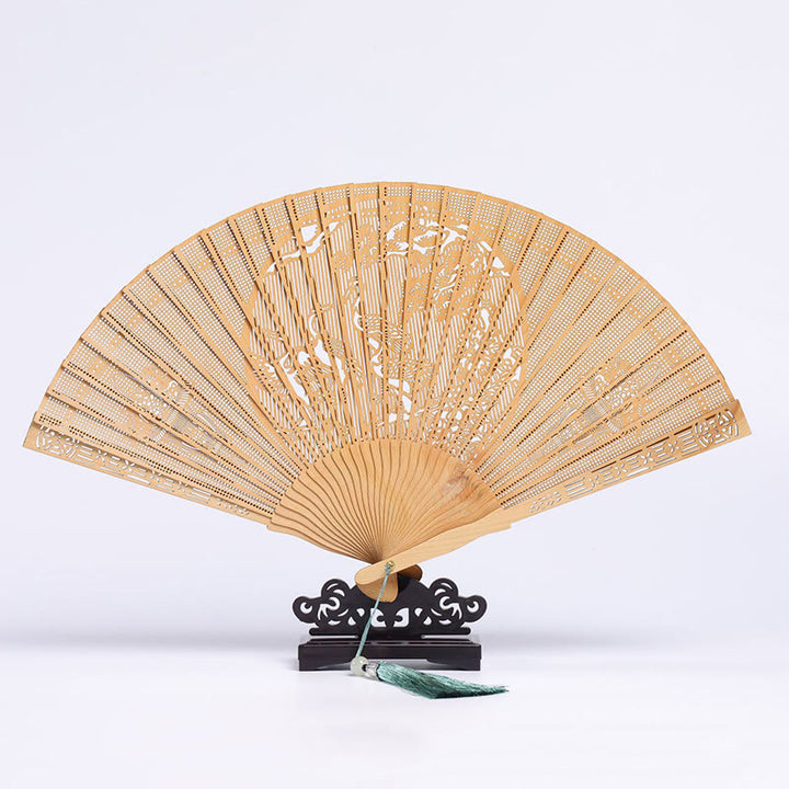 Buddha Stones Retro Chang'e Moon Crane Peacock Hollow Engraved Pattern Handheld Thuja Sutchuenensis Wood Folding Fan