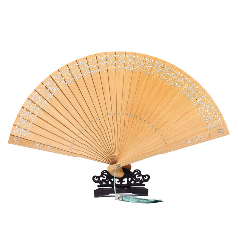 Buddha Stones Retro Chang'e Moon Crane Peacock Hollow Engraved Pattern Handheld Thuja Sutchuenensis Wood Folding Fan