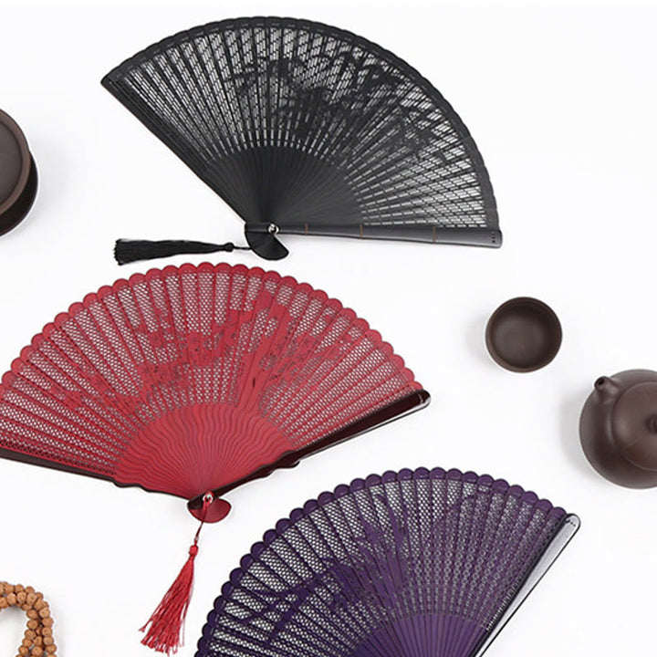 Buddha Stones Retro Bamboo Hollow Engraving Handheld Bamboo Folding Fan