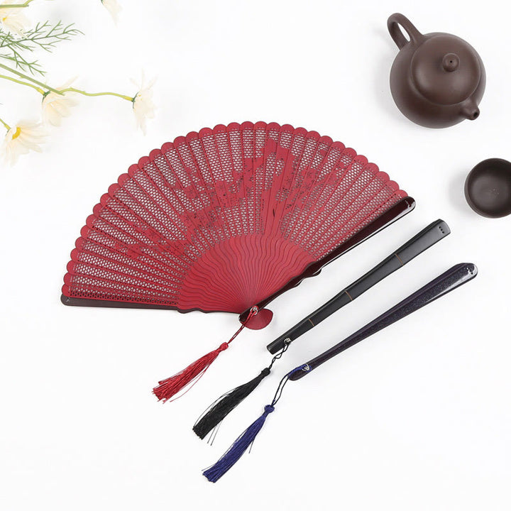 Buddha Stones Retro Bamboo Hollow Engraving Handheld Bamboo Folding Fan